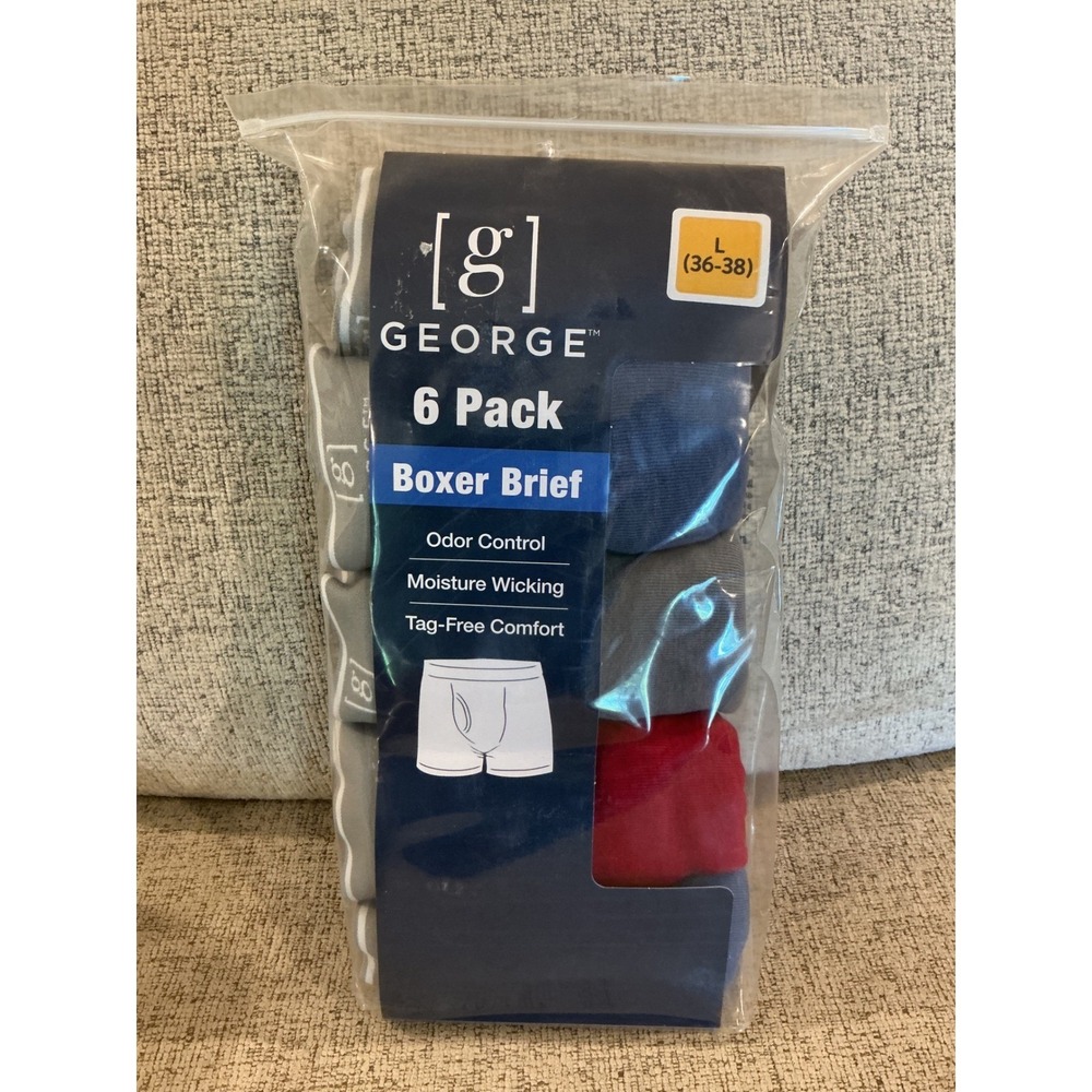 George Mens 6 Pack Boxer Briefs Size L 36-38 Odor Control Moisture Wicking New